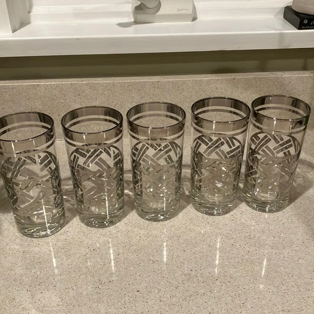 (5) Vintage MCM Silver Trimmed Tom Collins High Ball Glasses